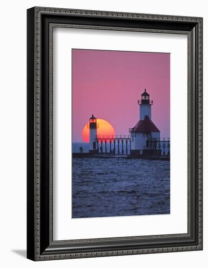 Lighthouse at sunset, St. Joseph, Michigan, USA-null-Framed Photographic Print