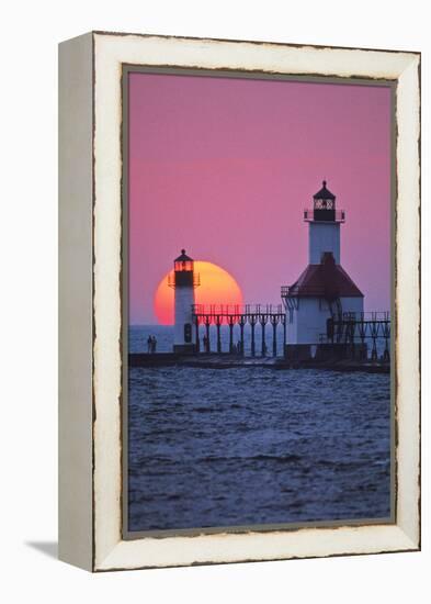 Lighthouse at sunset, St. Joseph, Michigan, USA-null-Framed Premier Image Canvas