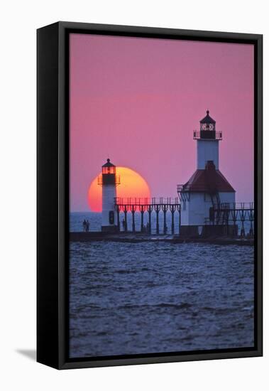 Lighthouse at sunset, St. Joseph, Michigan, USA-null-Framed Premier Image Canvas