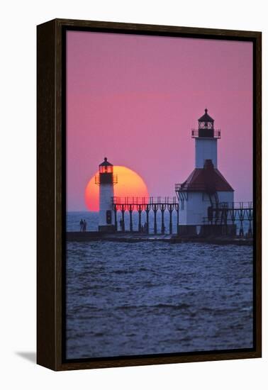 Lighthouse at sunset, St. Joseph, Michigan, USA-null-Framed Premier Image Canvas