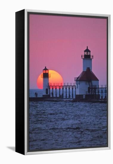 Lighthouse at sunset, St. Joseph, Michigan, USA-null-Framed Premier Image Canvas