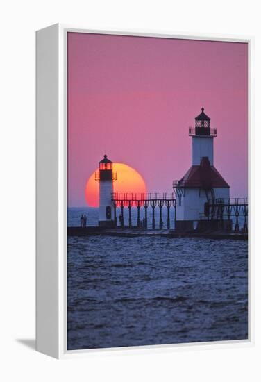 Lighthouse at sunset, St. Joseph, Michigan, USA-null-Framed Premier Image Canvas