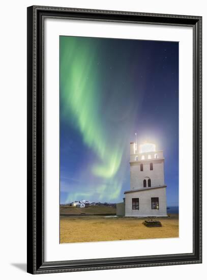 Lighthouse at the Cape Gardar, Aurora Borealis, Vik, South Iceland, Iceland-Rainer Mirau-Framed Photographic Print