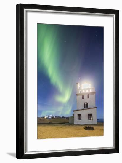 Lighthouse at the Cape Gardar, Aurora Borealis, Vik, South Iceland, Iceland-Rainer Mirau-Framed Photographic Print