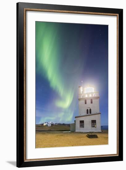 Lighthouse at the Cape Gardar, Aurora Borealis, Vik, South Iceland, Iceland-Rainer Mirau-Framed Photographic Print