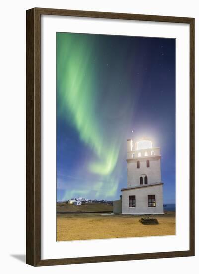 Lighthouse at the Cape Gardar, Aurora Borealis, Vik, South Iceland, Iceland-Rainer Mirau-Framed Photographic Print