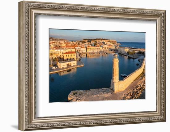 Lighthouse at the Venetian harbor with a view of Venetian Fortezza, Rethymno, Crete, Greek Islands-Markus Lange-Framed Photographic Print