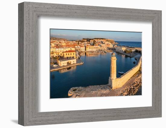 Lighthouse at the Venetian harbor with a view of Venetian Fortezza, Rethymno, Crete, Greek Islands-Markus Lange-Framed Photographic Print