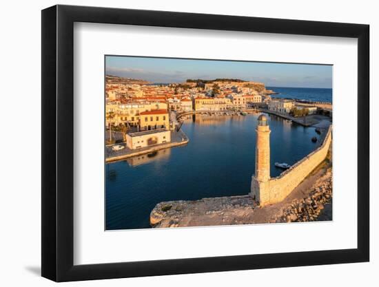 Lighthouse at the Venetian harbor with a view of Venetian Fortezza, Rethymno, Crete, Greek Islands-Markus Lange-Framed Photographic Print