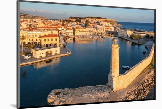 Lighthouse at the Venetian harbor with a view of Venetian Fortezza, Rethymno, Crete, Greek Islands-Markus Lange-Mounted Photographic Print