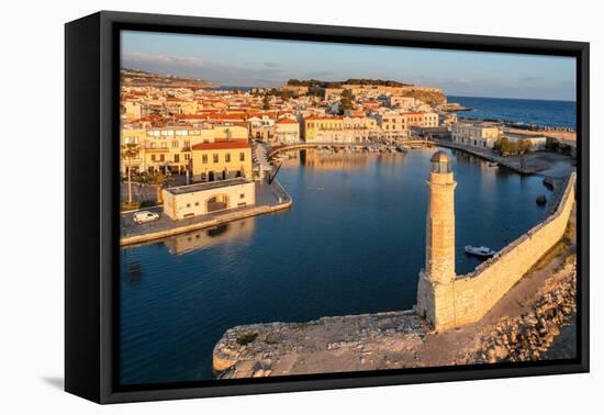 Lighthouse at the Venetian harbor with a view of Venetian Fortezza, Rethymno, Crete, Greek Islands-Markus Lange-Framed Premier Image Canvas