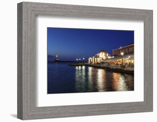 Lighthouse at Venetian Port and Turkish Mosque Hassan Pascha at Night, Chania, Crete-Markus Lange-Framed Photographic Print