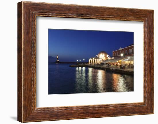 Lighthouse at Venetian Port and Turkish Mosque Hassan Pascha at Night, Chania, Crete-Markus Lange-Framed Photographic Print