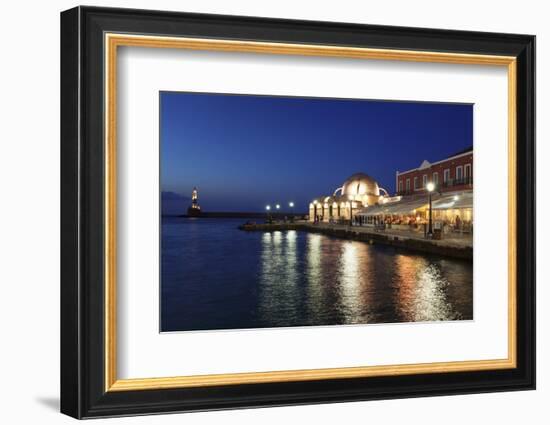 Lighthouse at Venetian Port and Turkish Mosque Hassan Pascha at Night, Chania, Crete-Markus Lange-Framed Photographic Print