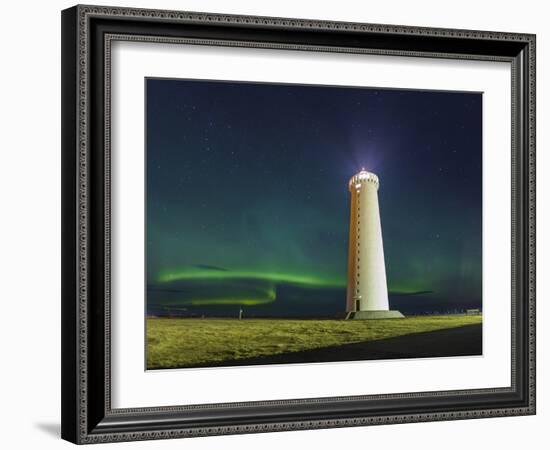 Lighthouse In Iceland With The Northern Lights Swrapping Around-Joe Azure-Framed Photographic Print