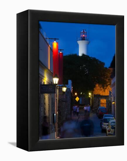 Lighthouse Lit Up at Dusk, Colonia Del Sacramento, Uruguay-null-Framed Premier Image Canvas