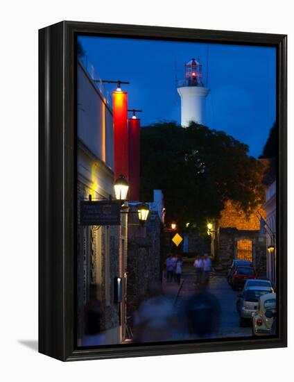 Lighthouse Lit Up at Dusk, Colonia Del Sacramento, Uruguay-null-Framed Premier Image Canvas