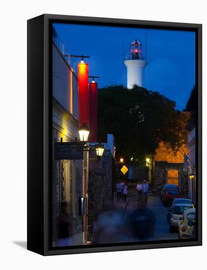Lighthouse Lit Up at Dusk, Colonia Del Sacramento, Uruguay-null-Framed Premier Image Canvas