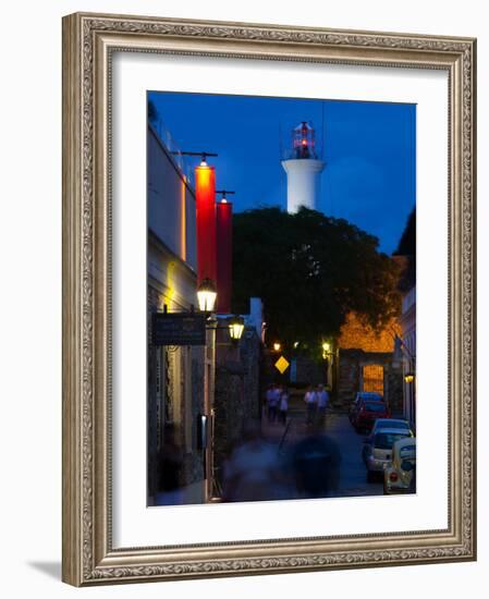 Lighthouse Lit Up at Dusk, Colonia Del Sacramento, Uruguay-null-Framed Photographic Print