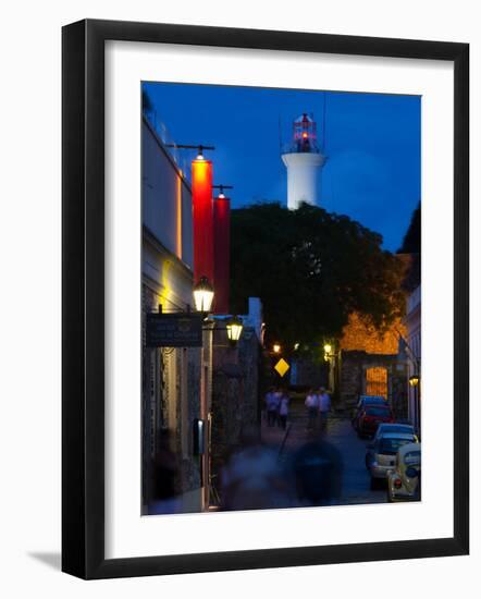 Lighthouse Lit Up at Dusk, Colonia Del Sacramento, Uruguay-null-Framed Photographic Print