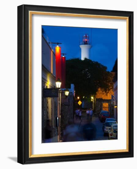 Lighthouse Lit Up at Dusk, Colonia Del Sacramento, Uruguay-null-Framed Photographic Print