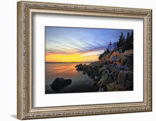 Lighthouse on a Cliff at Sunset, Bass Harbor, ME-George Oze-Framed Photographic Print