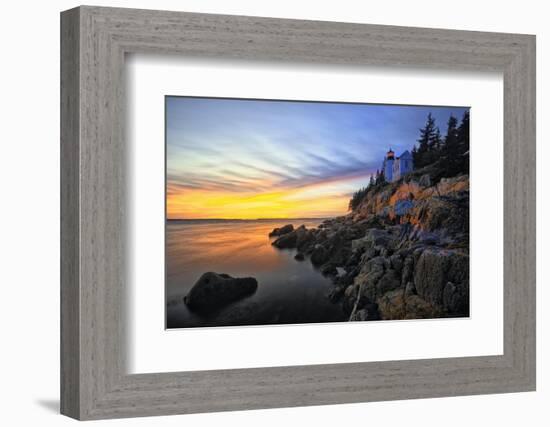 Lighthouse on a Cliff at Sunset, Bass Harbor, ME-George Oze-Framed Photographic Print