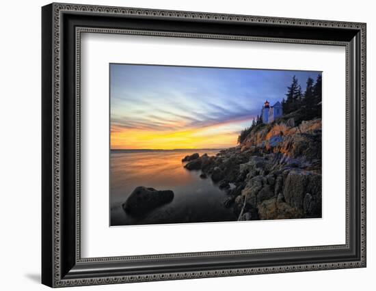 Lighthouse on a Cliff at Sunset, Bass Harbor, ME-George Oze-Framed Photographic Print