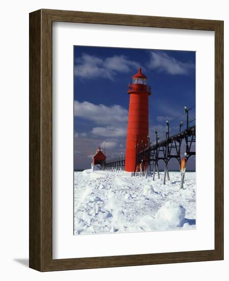Lighthouse on a Snow Covered Coast, Grand Haven South Pierhead Lighthouse, Ottawa County, Michigan-null-Framed Photographic Print