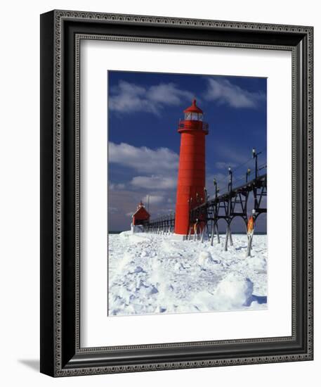 Lighthouse on a Snow Covered Coast, Grand Haven South Pierhead Lighthouse, Ottawa County, Michigan-null-Framed Photographic Print