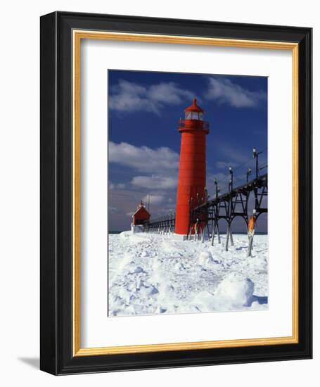 Lighthouse on a Snow Covered Coast, Grand Haven South Pierhead Lighthouse, Ottawa County, Michigan-null-Framed Photographic Print