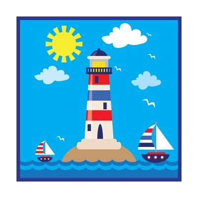Lighthouse Sea Yacht Landscape Vector Cartoon Illustration Art Print Svetlana Peskin Art Com