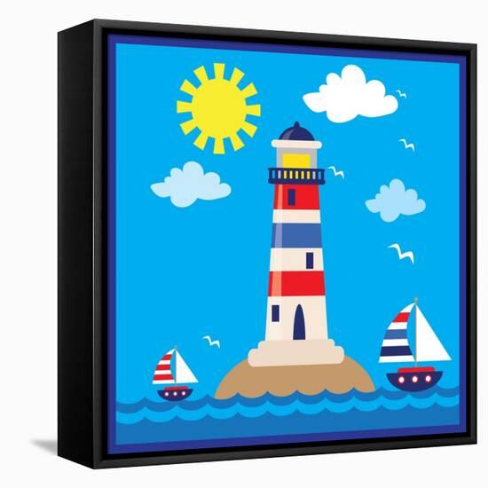 Lighthouse,Sea,Yacht,Landscape,Vector,Cartoon,Illustration-Svetlana Peskin-Framed Stretched Canvas