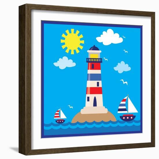 Lighthouse,Sea,Yacht,Landscape,Vector,Cartoon,Illustration-Svetlana Peskin-Framed Art Print