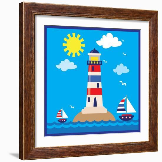 Lighthouse,Sea,Yacht,Landscape,Vector,Cartoon,Illustration-Svetlana Peskin-Framed Art Print