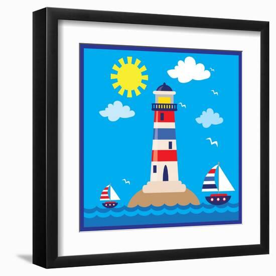 Lighthouse,Sea,Yacht,Landscape,Vector,Cartoon,Illustration-Svetlana Peskin-Framed Art Print