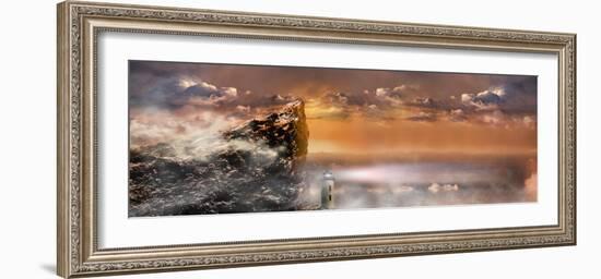 Lighthouse under Huge Rock Cliff with Storm Clouds-null-Framed Photographic Print