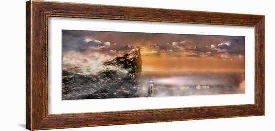 Lighthouse under Huge Rock Cliff with Storm Clouds-null-Framed Photographic Print