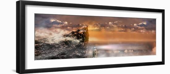 Lighthouse under Huge Rock Cliff with Storm Clouds-null-Framed Photographic Print
