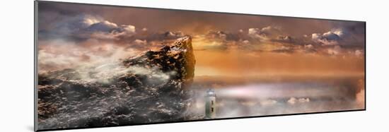 Lighthouse under Huge Rock Cliff with Storm Clouds-null-Mounted Photographic Print
