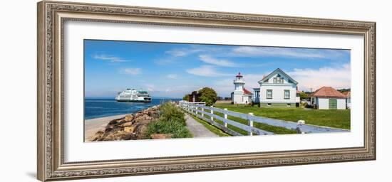 Lighthouse with ferry in the background, Mukilteo Light, Seattle, King County, Washington State...-null-Framed Photographic Print
