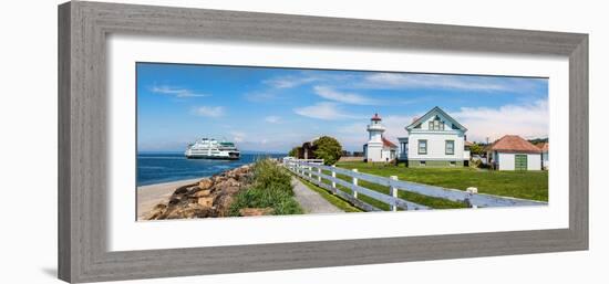 Lighthouse with ferry in the background, Mukilteo Light, Seattle, King County, Washington State...-null-Framed Photographic Print