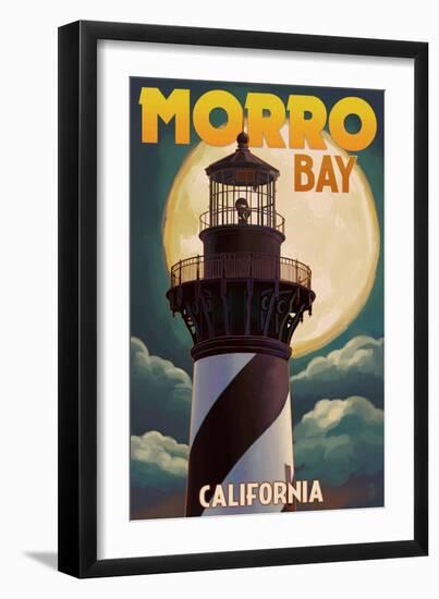 Lighthouse with Full Moon - Morro Bay, California-Lantern Press-Framed Art Print