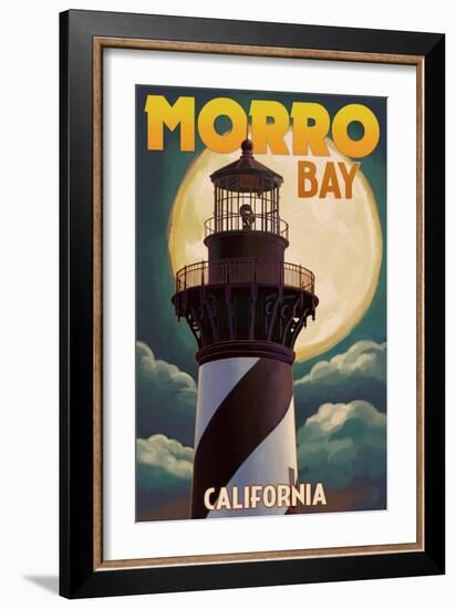 Lighthouse with Full Moon - Morro Bay, California-Lantern Press-Framed Art Print