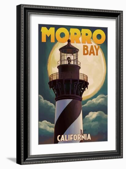 Lighthouse with Full Moon - Morro Bay, California-Lantern Press-Framed Art Print