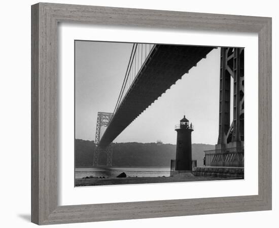 Lighthouse with George Washington Bridge Closed by Public Where Kids Illegally Enjoy Playing-George Silk-Framed Photographic Print