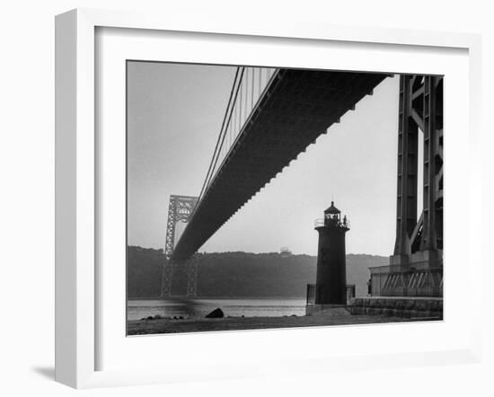 Lighthouse with George Washington Bridge Closed by Public Where Kids Illegally Enjoy Playing-George Silk-Framed Photographic Print