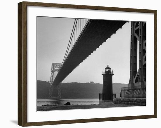 Lighthouse with George Washington Bridge Closed by Public Where Kids Illegally Enjoy Playing-George Silk-Framed Photographic Print
