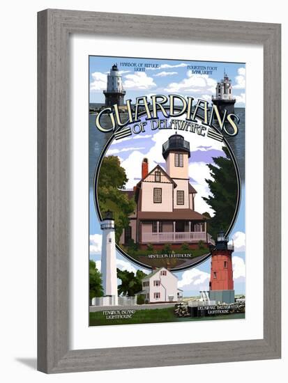 Lighthouses of Delaware - Montage-Lantern Press-Framed Premium Giclee Print