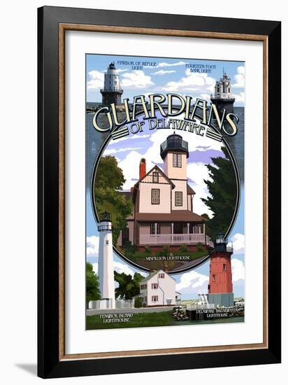 Lighthouses of Delaware - Montage-Lantern Press-Framed Premium Giclee Print